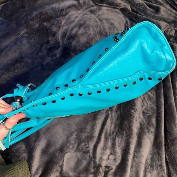 Revolution Turquoise Blue Leather Studded Shoulder Bag Top Handle Purse Tassel - Picture 7 of 13